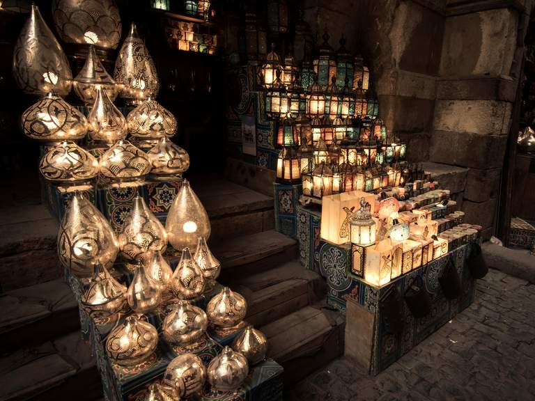Brass lanterns glowing at a stall in Khan el-Khalili, Cairo