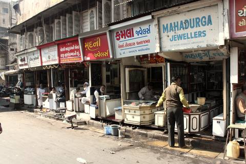 Jewellers’ shopfronts at the Zaveri Bazaar of Manek Chowk, Ahmedabad