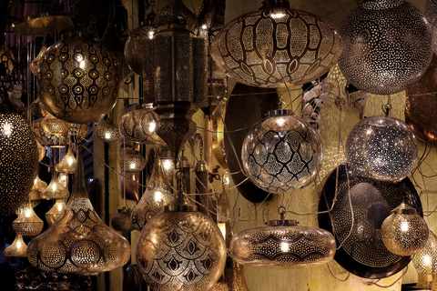 Brass lanterns glowing in Souk Haddadine, the metalworkers’ souk of Marrakech
